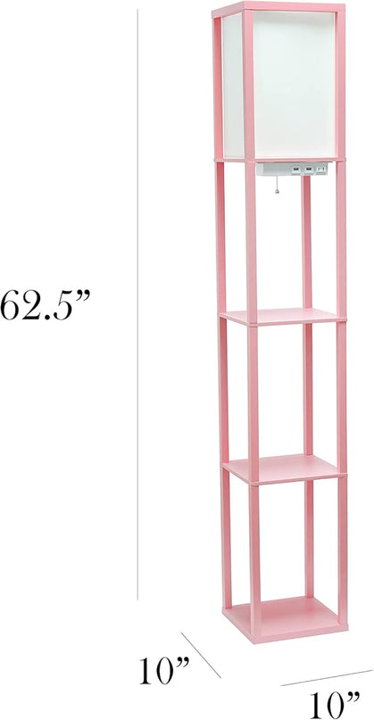 Simple Designs LF1037-LPK-LB Three Shelf Etagere Organizer Storage Floor Lamp with 2 Dual USB Ports and Charging Outlet, Light Pink, with Feit LED Bulb Included - LeafyLoom