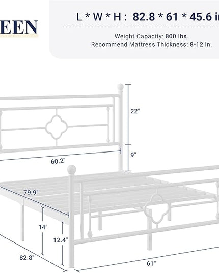 Allewie Queen Size Metal Platform Bed Frame with Victorian Vintage Headboard and Footboard/Mattress Foundation/Under Bed Storage/No Box Spring Needed/Noise-Free/Easy Assembly, White - LeafyLoom
