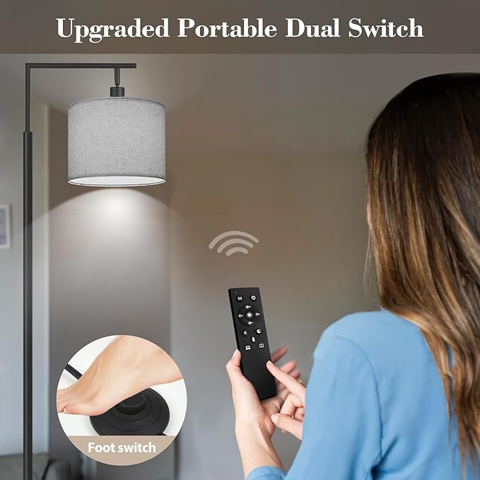 PESRAE Floor Lamp for Living Room, LED Floor Lamp with Remote Control, 4 Color Temperature LED Bulb Included, Modern Standing lamp with Linen Lampshade for Bedroom,Grey… - LeafyLoom