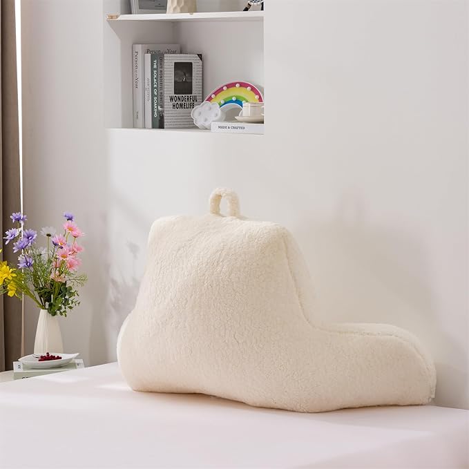 A Nice Night Sherpa Fleece Flannel Reading Pillow Bed Wedge Children Backrest with Arms Back Support for Sitting Up in Bed/Couch,White - LeafyLoom