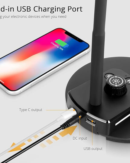 LED Desk Lamp for Office Home, Dimmable Reading Light with USB Charging Ports, Bedside Lamp with 5 Color Modes & Stepless Dimming, 360° Flexible Gooseneck Table Lamp(Adapter Included) - LeafyLoom