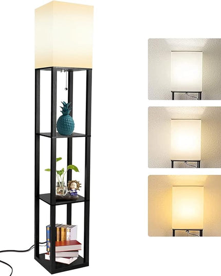 Floor Lamp with Shelves, Modern Standing Shelf Lamp with 3 CCT LED Bulb and White Shade for Living Room Bedroom and Office-Black - LeafyLoom