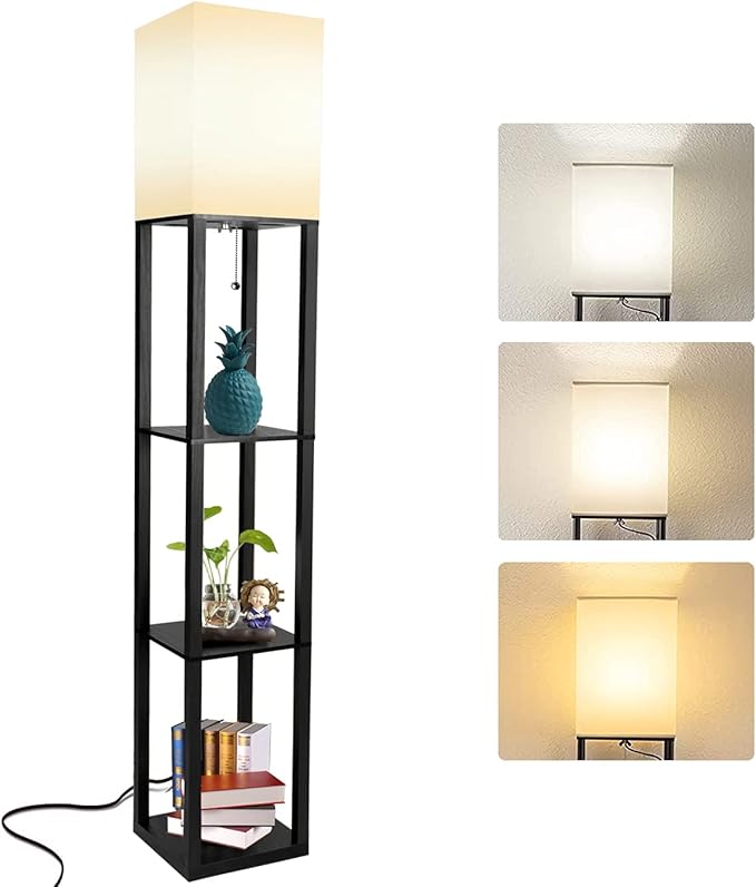 Floor Lamp with Shelves, Modern Standing Shelf Lamp with 3 CCT LED Bulb and White Shade for Living Room Bedroom and Office-Black - LeafyLoom