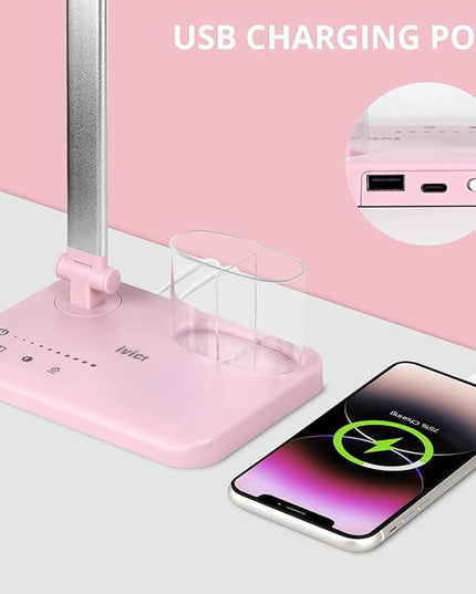 iVict LED Desk Lamp, Adjustable Table Foldable Lamp with USB Charging Port, 25 Lighting Modes, 45-Minute Auto Timer, Dual Swing Arm Desk Light with Pen Holde for Home Office/Study(Pink) - LeafyLoom