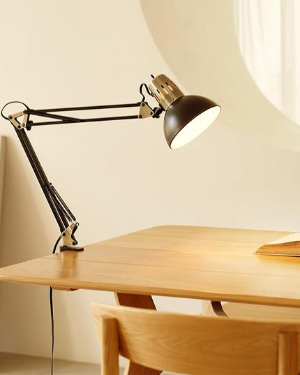Globe Electric 62000009 32" Multi-Joint Desk Lamp with Metal Clamp, Matte Black, Antique Brass Accents, On/Off Rotary Switch on Shade, Partially Adjustable Swing Arm, Home Décor, Office Accessory - LeafyLoom