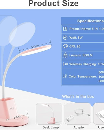 Sailstar Desk Lamp for Home Office, Small Desk Lamp with Wireless Charger & Pen Holder, Cute Desk Lamp LED Dimmable Touch 3 Lighting Modes Memory, Gooseneck Pink Desk Light for College Dorm Room - LeafyLoom
