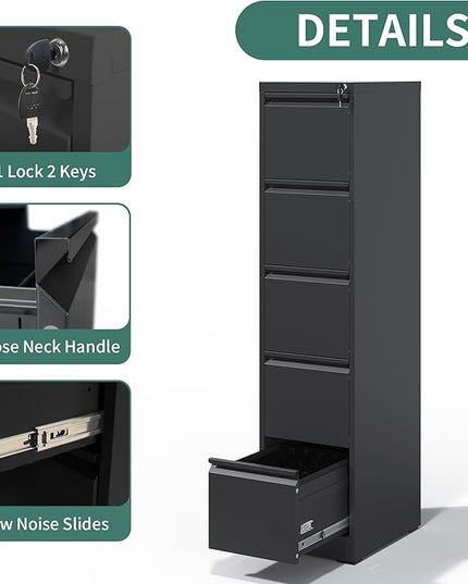 5 Drawer File Cabinet with Lock, Metal Vertical Filing Cabinets for Home Office, Steel Storage Cabinet for Hanging Legal/Letter Size Files, Assembly Required (Black) - LeafyLoom