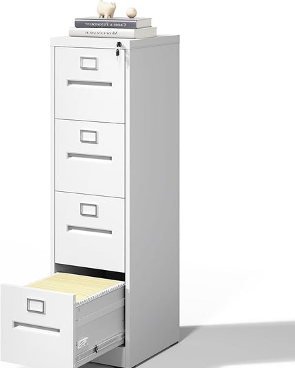 4 Drawer File Cabinet,Metal Filing Cabinets with Lock,White Vertical File Cabinet for Home Office,Heavy Duty Metal Storage Cabinet for A4/Letter/Legal Size File,Assembly Required - LeafyLoom