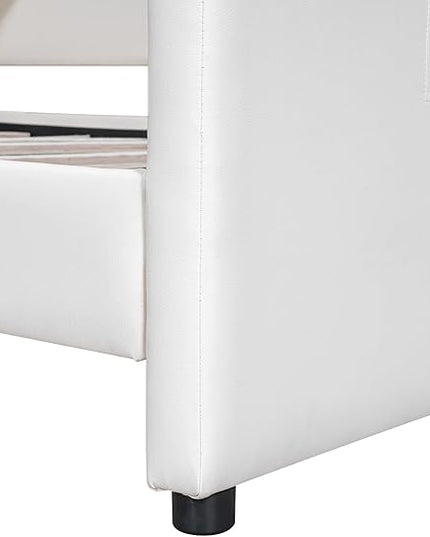 Full Size PU Upholstered Platform Storage Headboard,Footboard and 3 Pockets,Bedroom Solid Wood Bed Frame w/Security Guardrail & Slat Support,for Kids,Teen,Boys,Girls,Beige - LeafyLoom