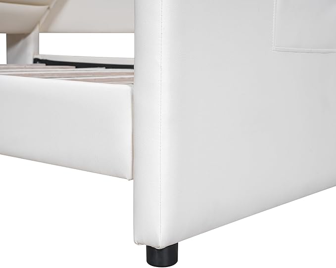Full Size PU Upholstered Platform Storage Headboard,Footboard and 3 Pockets,Bedroom Solid Wood Bed Frame w/Security Guardrail & Slat Support,for Kids,Teen,Boys,Girls,Beige - LeafyLoom