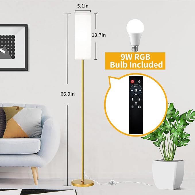 Floor Lamp for Living Room Bedroom with Remote, Modern LED Floor Lamp with Two Adjustment Modes of Reading and Colorful,Standing Lamp Tall Lamp with White Lampshade,9W Bulb Included(Gold) - LeafyLoom
