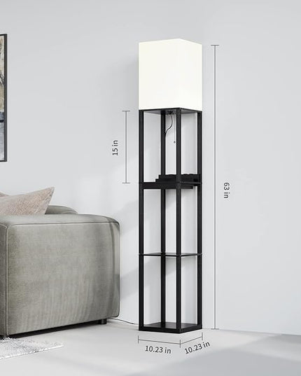 SUNMORY Floor Lamp with Shelves,Modern Dimmable Solid Wood Standing Lamp with 1 Drawer and 2 USB Ports & 2 Power Outlet,Corner Tall Bookshelf Lamp for Living Room and Bedroom(Black) - LeafyLoom
