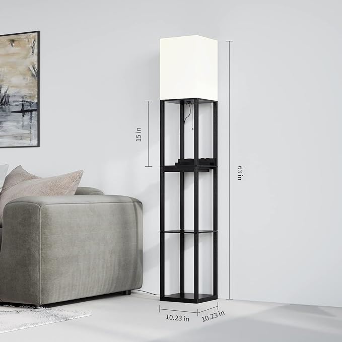 SUNMORY Floor Lamp with Shelves,Modern Dimmable Solid Wood Standing Lamp with 1 Drawer and 2 USB Ports & 2 Power Outlet,Corner Tall Bookshelf Lamp for Living Room and Bedroom(Black) - LeafyLoom
