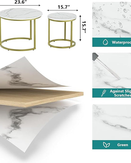 White Nesting Coffee Table Set of 2, 23.6“ Round Coffee Table Wooden Marble Pattern with Adjustable Non-Slip Feet, Industrial End Table for Living Room Bedroom Balcony Gold - LeafyLoom