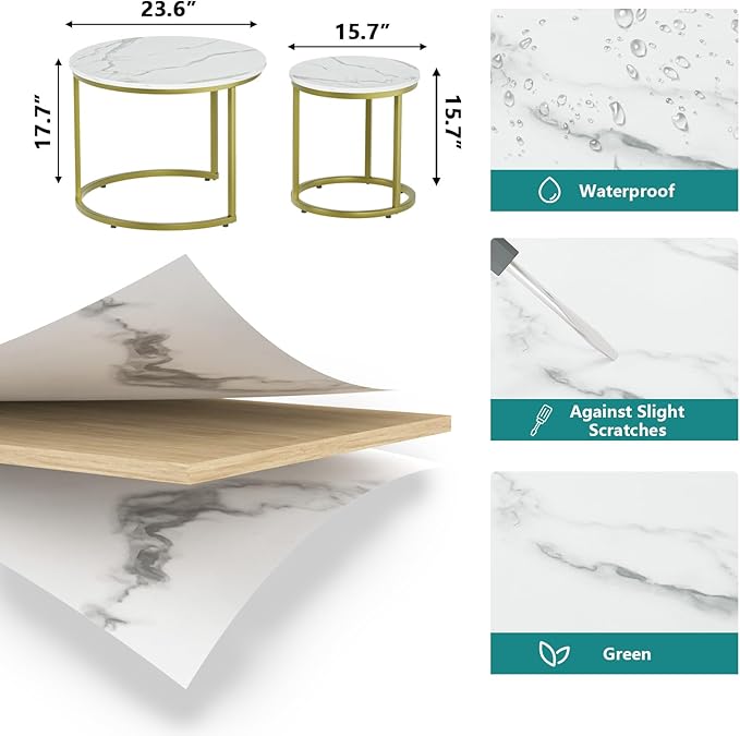 White Nesting Coffee Table Set of 2, 23.6“ Round Coffee Table Wooden Marble Pattern with Adjustable Non-Slip Feet, Industrial End Table for Living Room Bedroom Balcony Gold - LeafyLoom