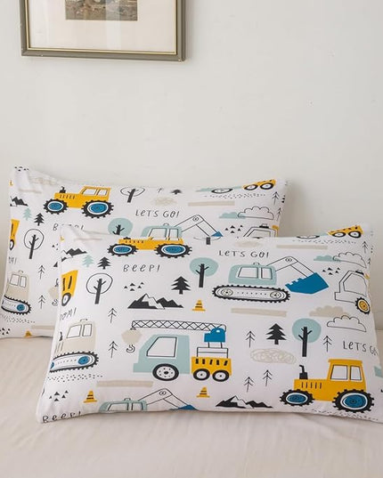 Cartoon Car Kids Comforter Set Construction Bedding Set Decor Equipment Trucks Comforter Cartoon Car Excavator Tractor White Yellow Duvet Set Bedroom Quilt Set 3Pcs Full - LeafyLoom