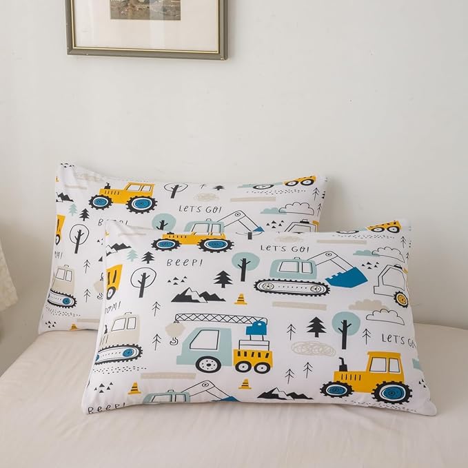 Cartoon Car Kids Comforter Set Construction Bedding Set Decor Equipment Trucks Comforter Cartoon Car Excavator Tractor White Yellow Duvet Set Bedroom Quilt Set 3Pcs Full - LeafyLoom