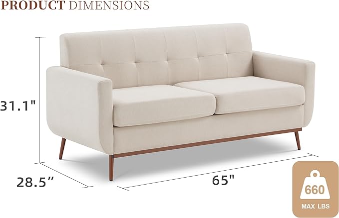 65" Loveseat Sofa, Mid Century Modern Love Seat Couches for Living Room, Comfy Upholstered Sofa Couch for Bedroom, Tufted Design 2 Seater Love Seat Sofa for Small Spaces (Linen-Beige) - LeafyLoom