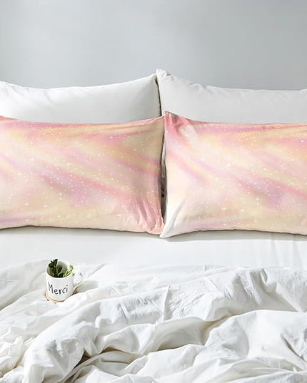 Girls Pastel Bedding for Kids Toddlers, Glitter Galaxy Space Bedding Comforter Sets Gradient Sparkle Comforter Set for Boys Girls Bedroom, Tie Dye Pastel Bedroom Decor 3 Pcs, Full ( Pink Yellow) - LeafyLoom