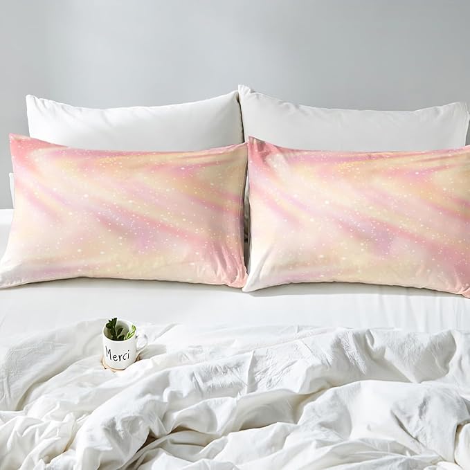 Girls Pastel Bedding for Kids Toddlers, Glitter Galaxy Space Bedding Comforter Sets Gradient Sparkle Comforter Set for Boys Girls Bedroom, Tie Dye Pastel Bedroom Decor 3 Pcs, Full ( Pink Yellow) - LeafyLoom