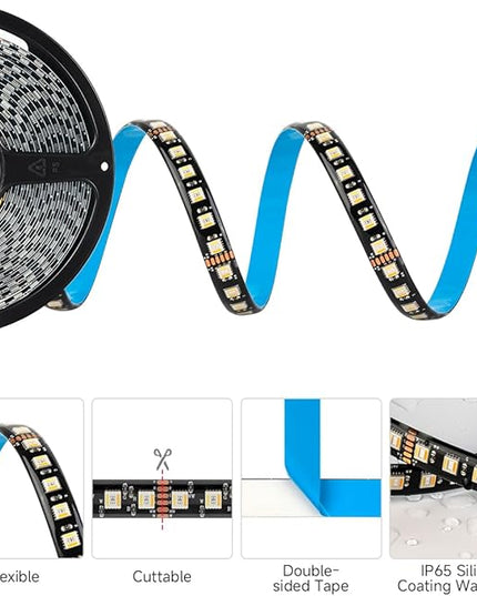 BTF-LIGHTING RGBCCT 5 Colors in 1 LED Tape Lights 5050SMD RGBWW RGB+Dimmable Color Temperature 2700K-6500K 16.4ft 96LED/m 480LED IP65 DC12V Black PCB for Home Decoration(No Adapter or Controller) BTF-LIGHTING
