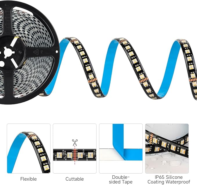 BTF-LIGHTING RGBCCT 5 Colors in 1 LED Tape Lights 5050SMD RGBWW RGB+Dimmable Color Temperature 2700K-6500K 16.4ft 96LED/m 480LED IP65 DC12V Black PCB for Home Decoration(No Adapter or Controller) BTF-LIGHTING