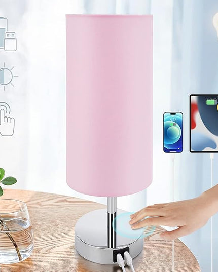 Yarra-Decor Bedside Lamp with USB Port - Touch Control Table Lamp for Bedroom 3 Way Dimmable Nightstand Lamp with Round Pink Fabric Shade for Living Room, Dorm, Home Office (LED Bulb Included) - LeafyLoom