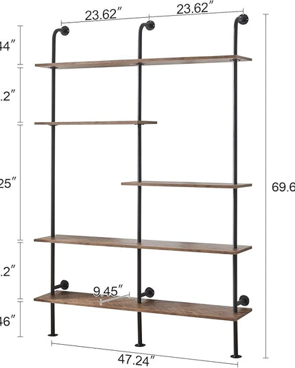 HOMISSUE Industrial Bookshelf 5-Tier Open Wall Mount Ladder Bookshelf, Modern Bookcase with Metal Frame and Wood Style for Home Office, Wall Mounted industrial Iron Pipe Shelf, Oak Brown - LeafyLoom