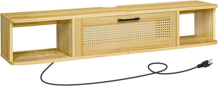 HOOBRO Floating TV Stand for TV up to 65 inches, Wall-Mounted TV Cabinet with 4 Power Outlet, Floating Entertainment Center TV Media Console Shelves with Rattan Flip-Down-Door, Natural NL140UDS01 - LeafyLoom