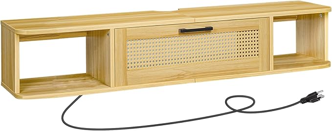 HOOBRO Floating TV Stand for TV up to 65 inches, Wall-Mounted TV Cabinet with 4 Power Outlet, Floating Entertainment Center TV Media Console Shelves with Rattan Flip-Down-Door, Natural NL140UDS01 - LeafyLoom