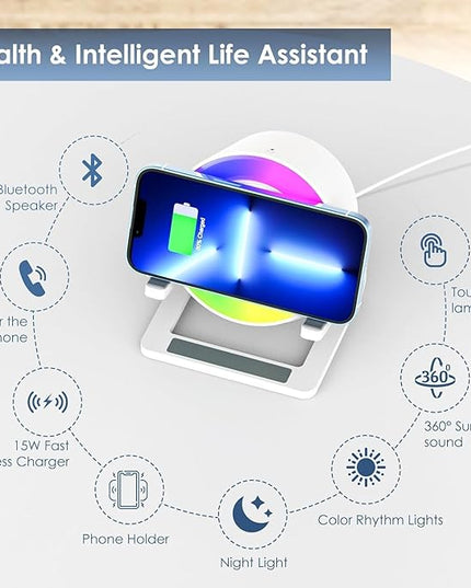 15 W Wireless Charger with Bluetooth Speaker and Night Light Induction Wireless Chargers with 5 RGB Light Modes Touch Dimmable Bedside Lamp Gifts for Women and Men - LeafyLoom