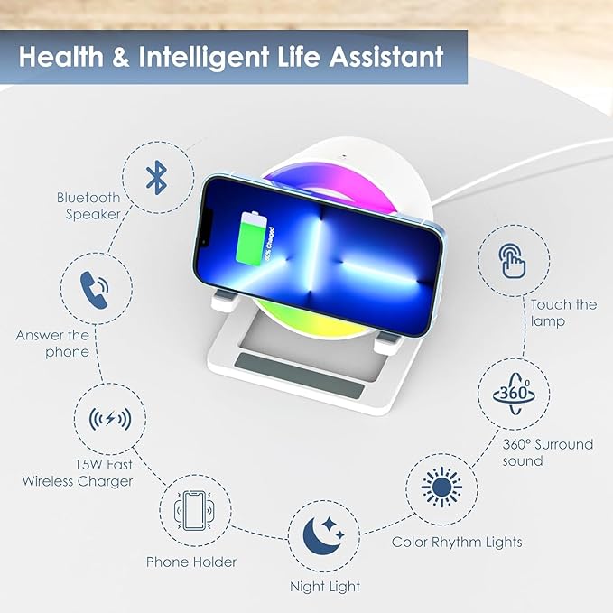 15 W Wireless Charger with Bluetooth Speaker and Night Light Induction Wireless Chargers with 5 RGB Light Modes Touch Dimmable Bedside Lamp Gifts for Women and Men - LeafyLoom