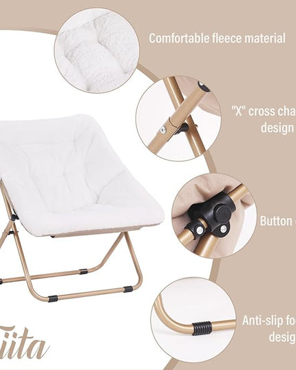 Tiita Comfy Saucer Chair, Soft Faux Fur Oversized Folding Accent Chair, Lounge Lazy Chair for Kids Teens Adults, Metal Frame Moon Chair for Bedroom, Living Room, Dorm Rooms - LeafyLoom