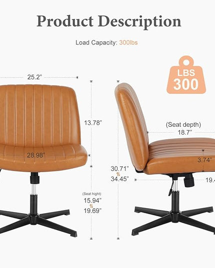 Sweetcrispy Criss Cross Chair Legged, Armless Office Desk Chair No Wheels, Swivel Vanity Chair, Height Adjustable Wide Seat Computer Task Chair, PU Leather Vanity Modern Home Chair Brown - LeafyLoom