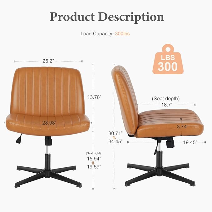 Sweetcrispy Criss Cross Chair Legged, Armless Office Desk Chair No Wheels, Swivel Vanity Chair, Height Adjustable Wide Seat Computer Task Chair, PU Leather Vanity Modern Home Chair Brown - LeafyLoom