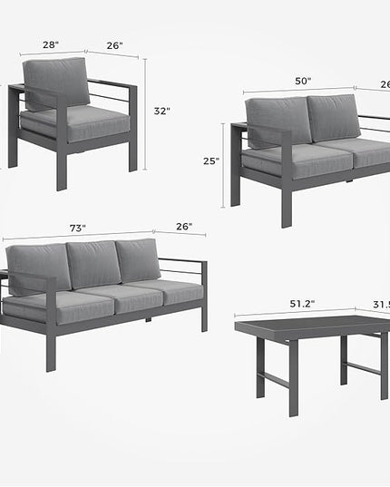 Solaste Aluminum Patio Furniture Set,5 Pieces Modern Outdoor Conversation Set Sectional Sofa with Upgrade Cushion and Dining Table, Grey - LeafyLoom