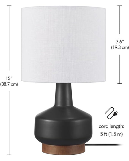 Globe Electric 61000046 15" Ceramic Table Lamp, Matte Black, Wood Toned Base, White Linen Shade, On/Off Rotary Switch on Socket, Living Room, Home Décor, Bedroom - LeafyLoom