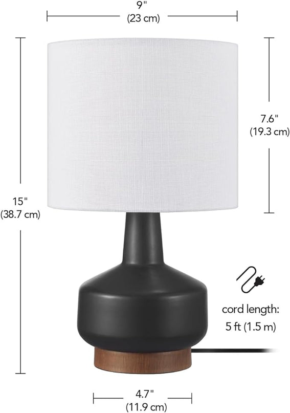 Globe Electric 61000046 15" Ceramic Table Lamp, Matte Black, Wood Toned Base, White Linen Shade, On/Off Rotary Switch on Socket, Living Room, Home Décor, Bedroom - LeafyLoom