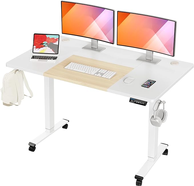 MOUNTUP 55x28 Inches Electric Height Adjustable Standing Desk, Sit Stand Desk with Memory Controller, Ergonomic Stand Up Desk for Home Office with Splice Board, White+Oak - LeafyLoom