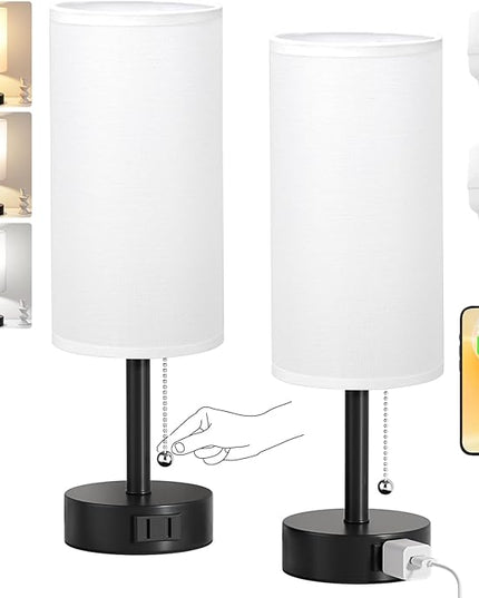White Bedside Table Lamps Set of 2-3 Color Temperatures Pull Chain Lamp with AC Outlet Charging Port, Two Round Night Stand Lamps for Bedroom Office, Small Bed Side Light with E26 LED Bulbs - LeafyLoom