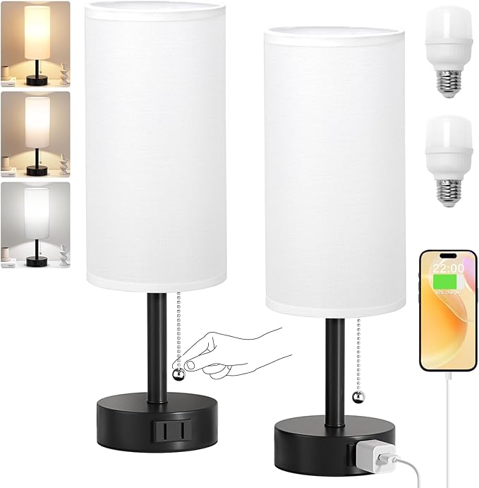 White Bedside Table Lamps Set of 2-3 Color Temperatures Pull Chain Lamp with AC Outlet Charging Port, Two Round Night Stand Lamps for Bedroom Office, Small Bed Side Light with E26 LED Bulbs - LeafyLoom