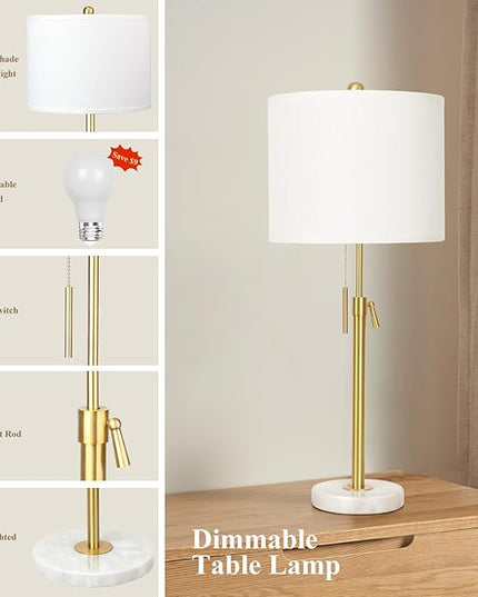 Lamp Modern Set of 2: 22" to 30" Height Adjustable Pull Chain Switch for Living Room Bedroom End Table, Marble Base White Linen Shade Golden Pole Nightstand Lamp Brass for Office, Bedside Table - LeafyLoom