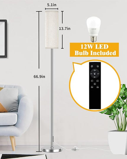 Floor Lamp for Living Room Bedroom, Modern Floor Lamp with Remote,Stepless Dimmable 12W Bulb Included,Nickel Pole and Beige Linen lampshade - LeafyLoom