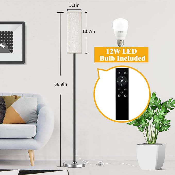 Floor Lamp for Living Room Bedroom, Modern Floor Lamp with Remote,Stepless Dimmable 12W Bulb Included,Nickel Pole and Beige Linen lampshade - LeafyLoom