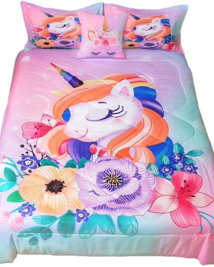 ADASMILE A & S Unicorn Bedding Twin for Girls Unicorn Bed Set Pink Unicorn Comforter Set Twin 6Pieces Girls Bed in A Bag Comforter with Hearts Sheets Reversible Unicorn Bed Sheets Home Unicorn Decor - LeafyLoom