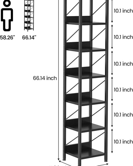 IDEALHOUSE Narrow Bookshelf Tall Skinny Bookcase 6 Tier Storage Rack Rustic Corner Shelf Metal Frame Small Freestanding Bookshelves Industrial Display Stand for Bedroom, Living Room, Home Office - LeafyLoom