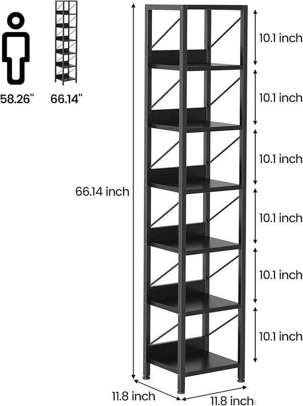 IDEALHOUSE Narrow Bookshelf Tall Skinny Bookcase 6 Tier Storage Rack Rustic Corner Shelf Metal Frame Small Freestanding Bookshelves Industrial Display Stand for Bedroom, Living Room, Home Office - LeafyLoom
