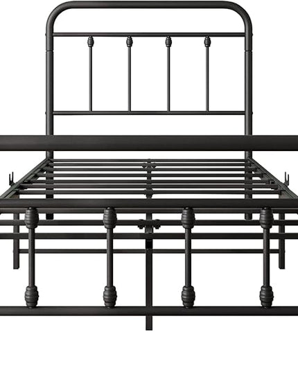 Vintage Twin Size Bed Frame with Headboard and Footboard Mattress Heavy Duty Metal Platform, Steel Slat Support (Twin, Black Sanded) - LeafyLoom