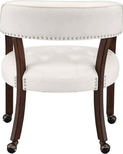 Large Dining Chairs with Casters and Arms, Rolling Dining Chairs with Wheels, Accent Game Poker Chairs, Wood Boss Caption's Chairs, 26“Dx25.2 Wx31.5“H, Cherry Legs & Ivory PU, SY-1533-WT - LeafyLoom