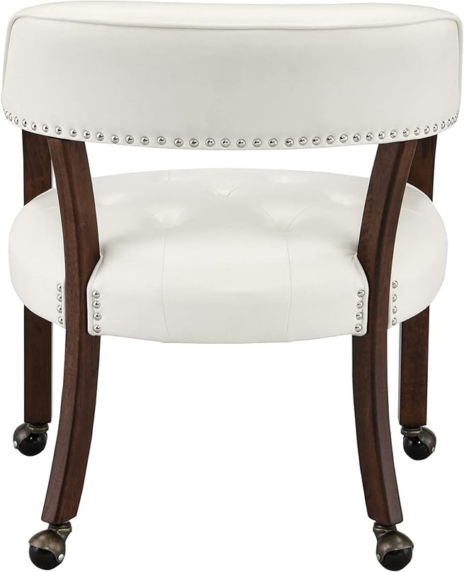 Large Dining Chairs with Casters and Arms, Rolling Dining Chairs with Wheels, Accent Game Poker Chairs, Wood Boss Caption's Chairs, 26“Dx25.2 Wx31.5“H, Cherry Legs & Ivory PU, SY-1533-WT - LeafyLoom